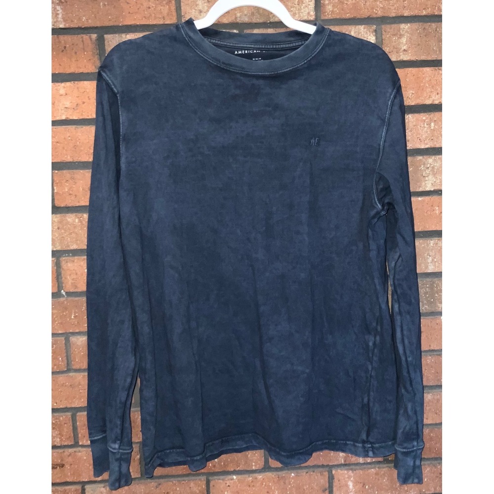 American Eagle Mens‎ Navy Blue Acid Wash Long Sleeve T-Shirt AE Logo Medium